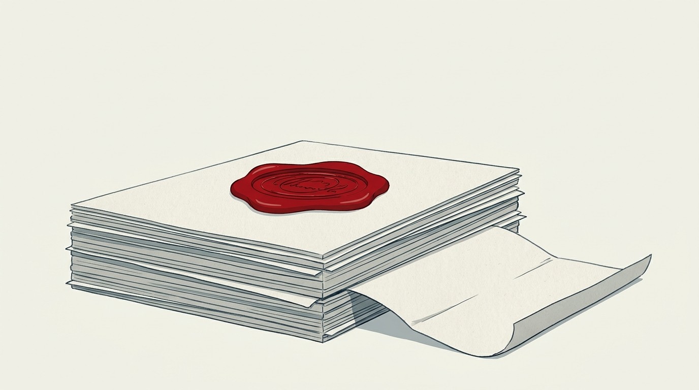 A single red stamp pressing down on a stack of cream-colored ledger pages, one page sliding out from the bottom