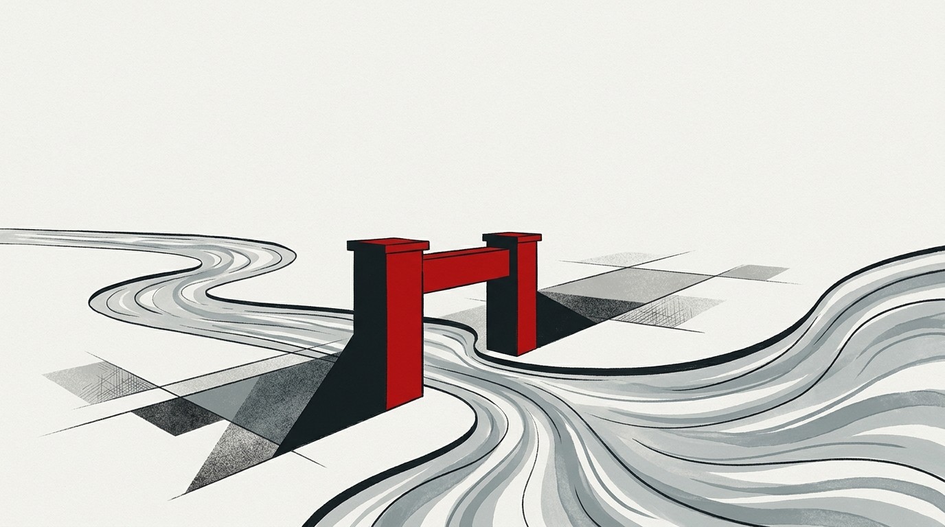 A single cream-colored river splitting into two channels, one flowing toward a red gate, the other continuing unobstructed