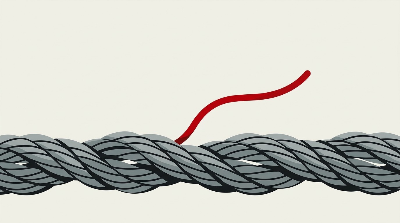 A single red thread breaking away from a cream-colored braided rope, drifting upward into empty space