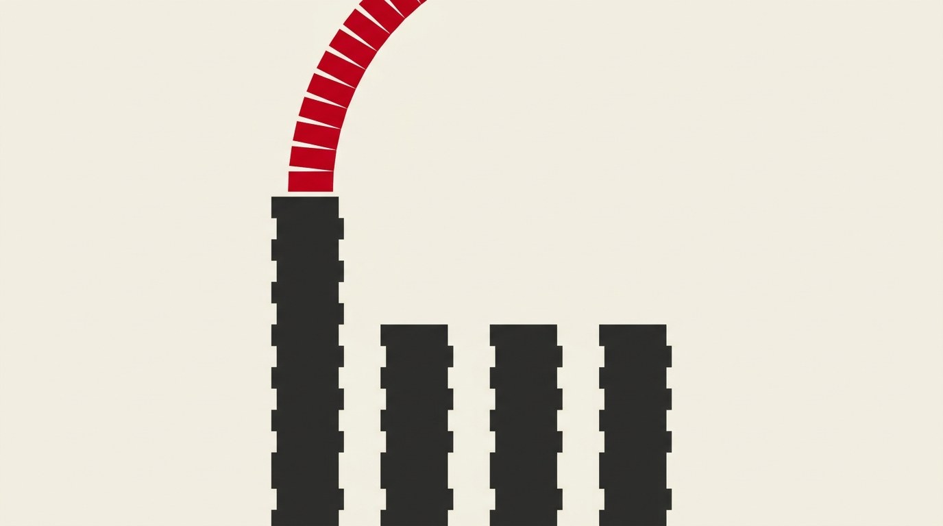 A single tall grey fund column pumping one bright stream upward while a row of smaller columns beside it stay dark and still, one red accent tracing the active stream