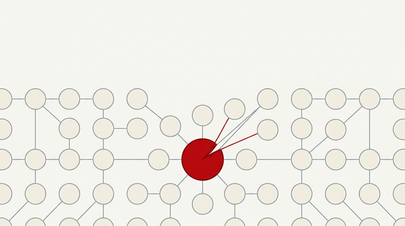 A single red thread pulling loose from a cluster of cream-colored circles, unraveling them from within