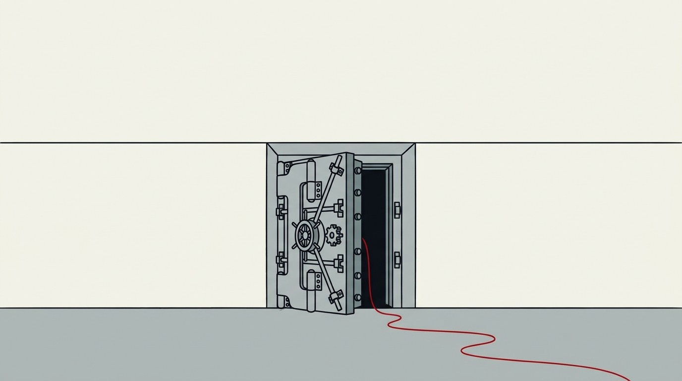 A cream-colored vault door standing open with a single red thread leading out through the gap, negative space above