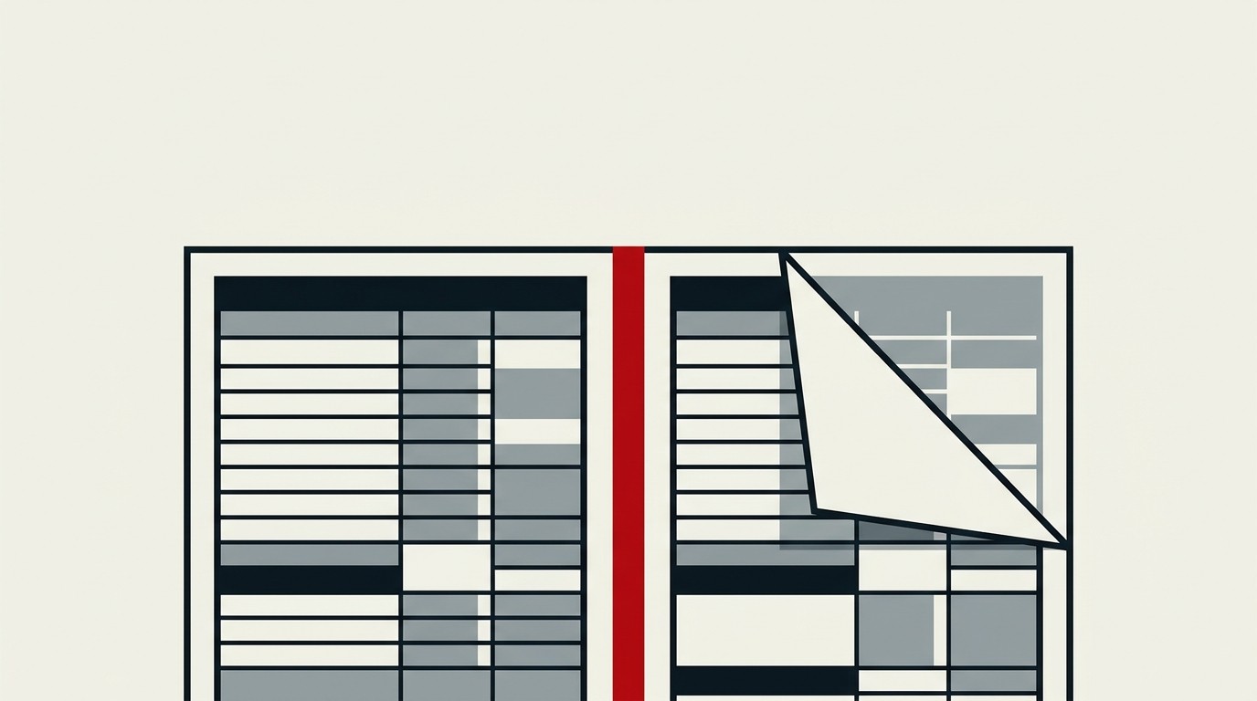 A ledger page split in two, one side crossed out, cream background with a single red line dividing them