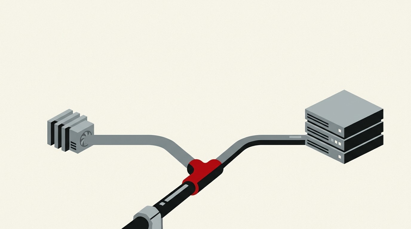 A mining rig silhouette splitting into two paths, one toward a server rack, on cream ground with a red divider line
