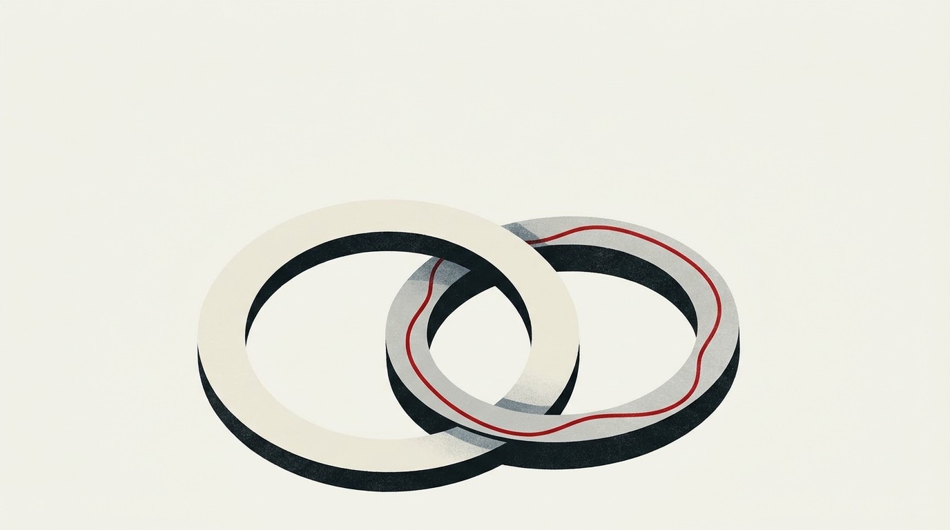 A cream field with a single red thread passing through two linked rings, one larger than the other, negative space above