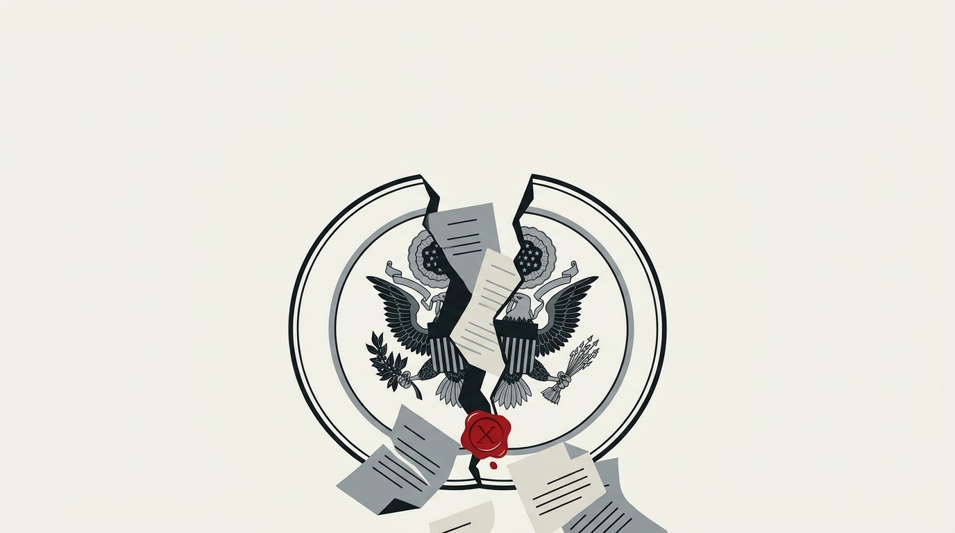 A single red official-looking seal cracking open on a cream field, papers spilling out from behind it