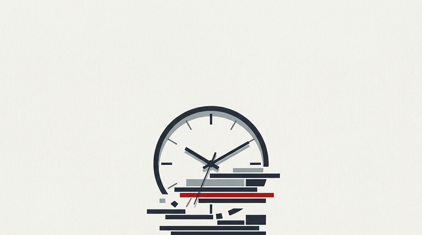 A cream field with a single red clock face melting into a stack of thin horizontal bars, suggesting a market that never closes