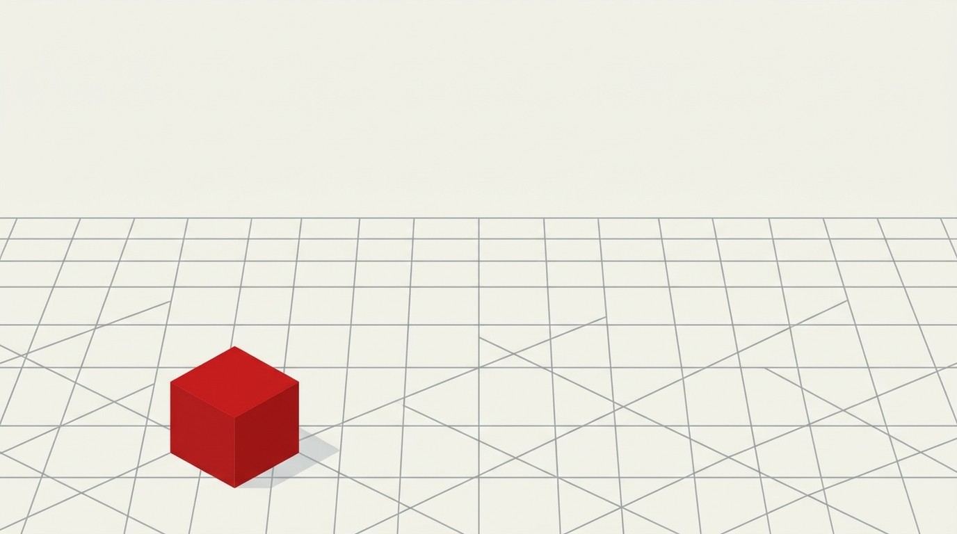 A single red cube sitting at the edge of a vast cream grid of empty squares, representing one stablecoin against a huge unclaimed treasury market