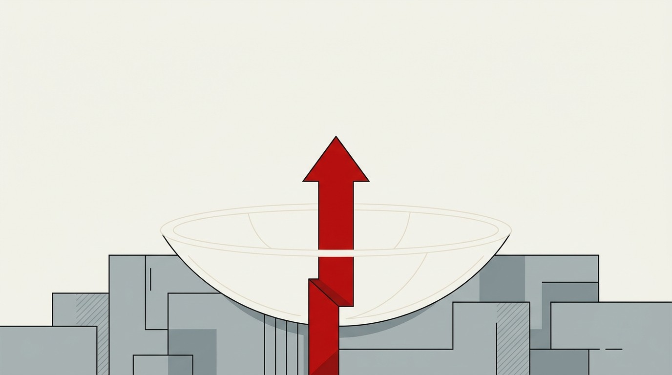 A narrow red arrow shooting up through a wide, shallow cream basin, the basin barely filling despite the arrow's height