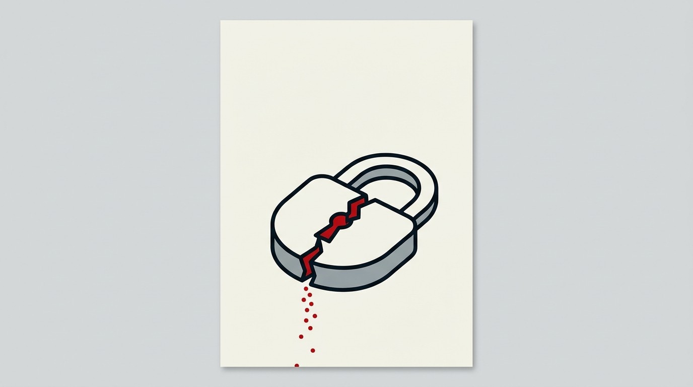 A cracked padlock icon with small dots streaming out, on cream background with one red accent