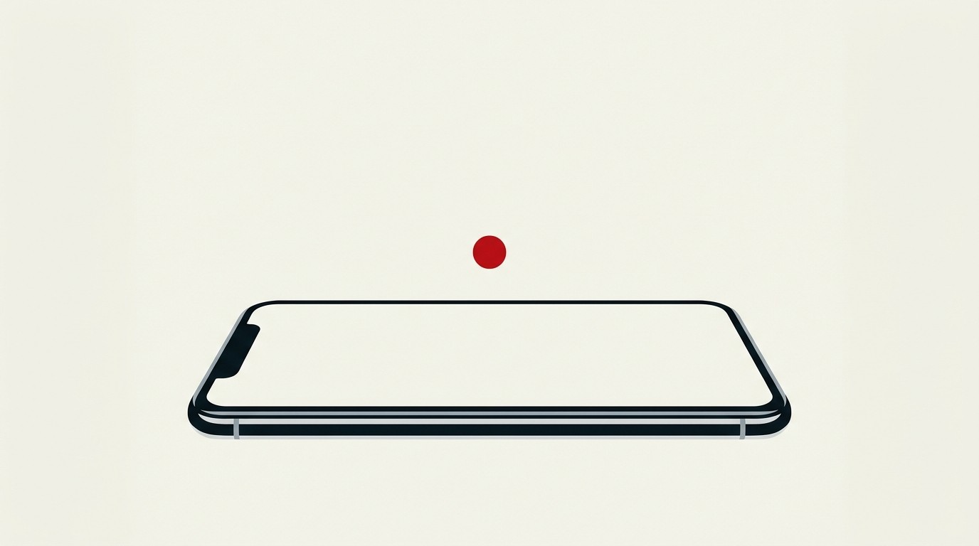 A smartphone silhouette on a cream background with a single red coin-shaped disc hovering above the screen, negative space filling the upper half
