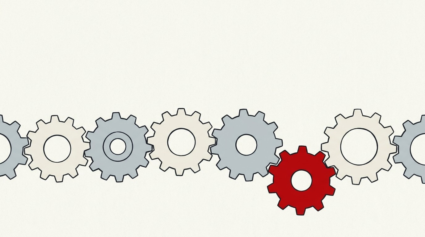 A single red gear resisting a row of cream-colored gears about to mesh together