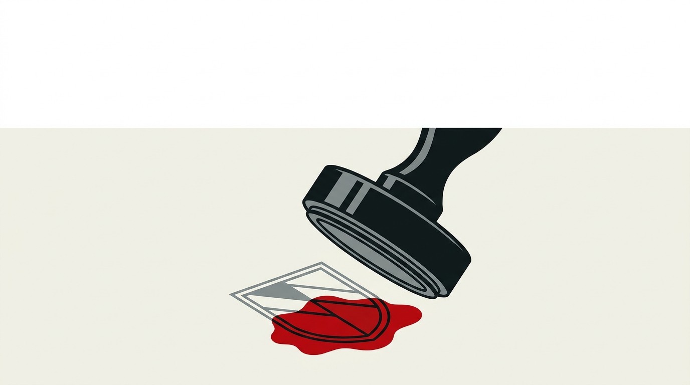 A large geometric stamp pressing down onto a smaller regional seal, cream background, single red accent mark