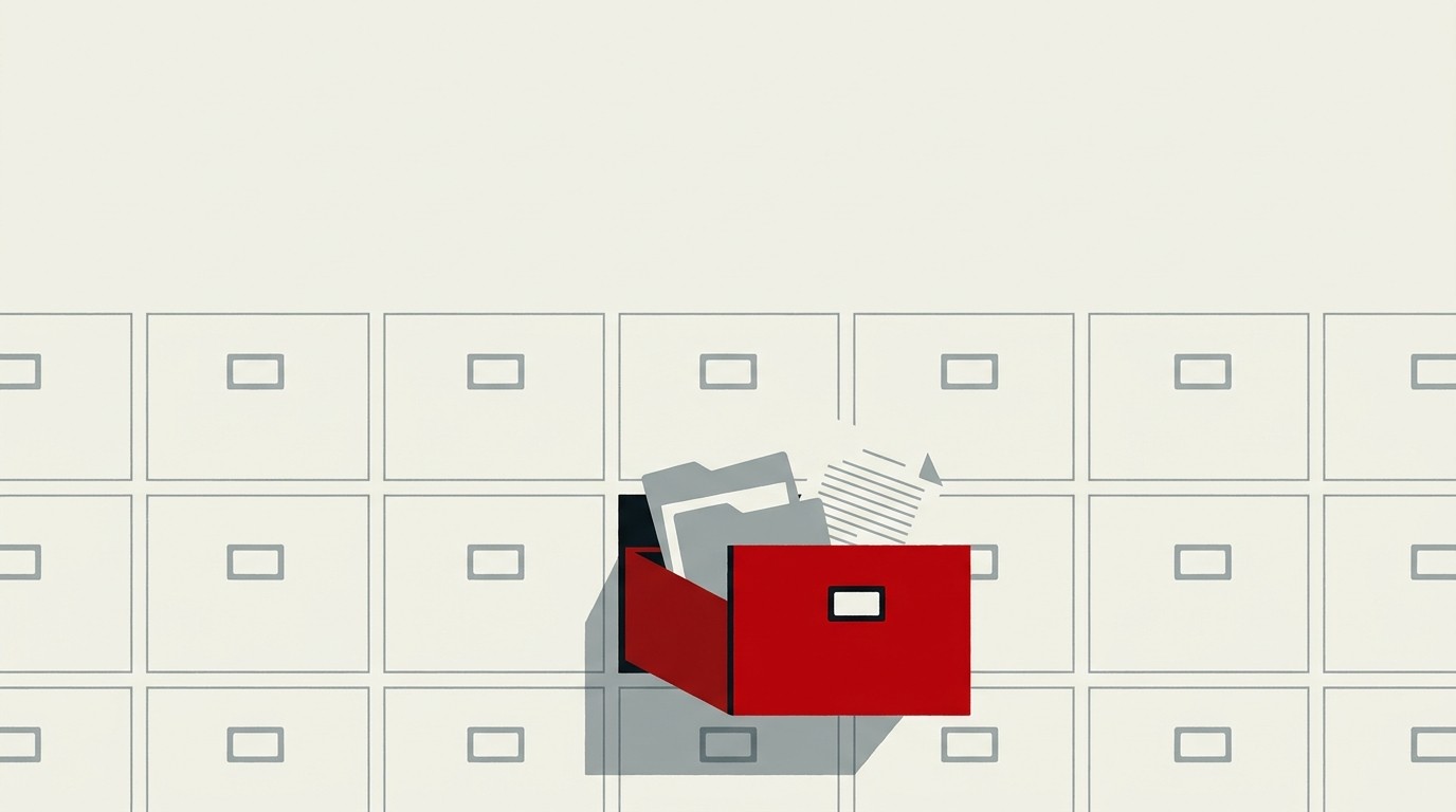 A single red door set into a cream wall of filing cabinets, one drawer open