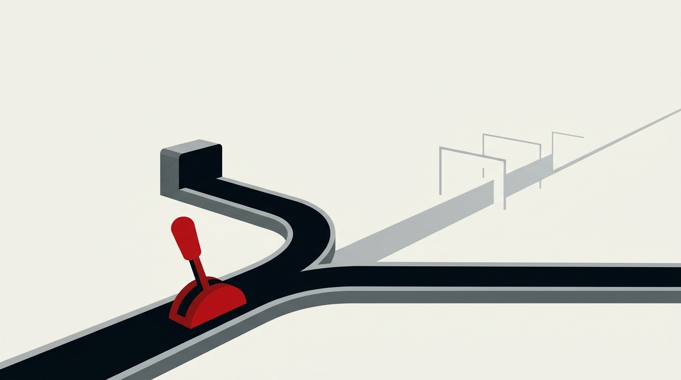 A single red gate lever splitting two paths, one fast and narrow, one wide and lit, on a cream field with empty space above