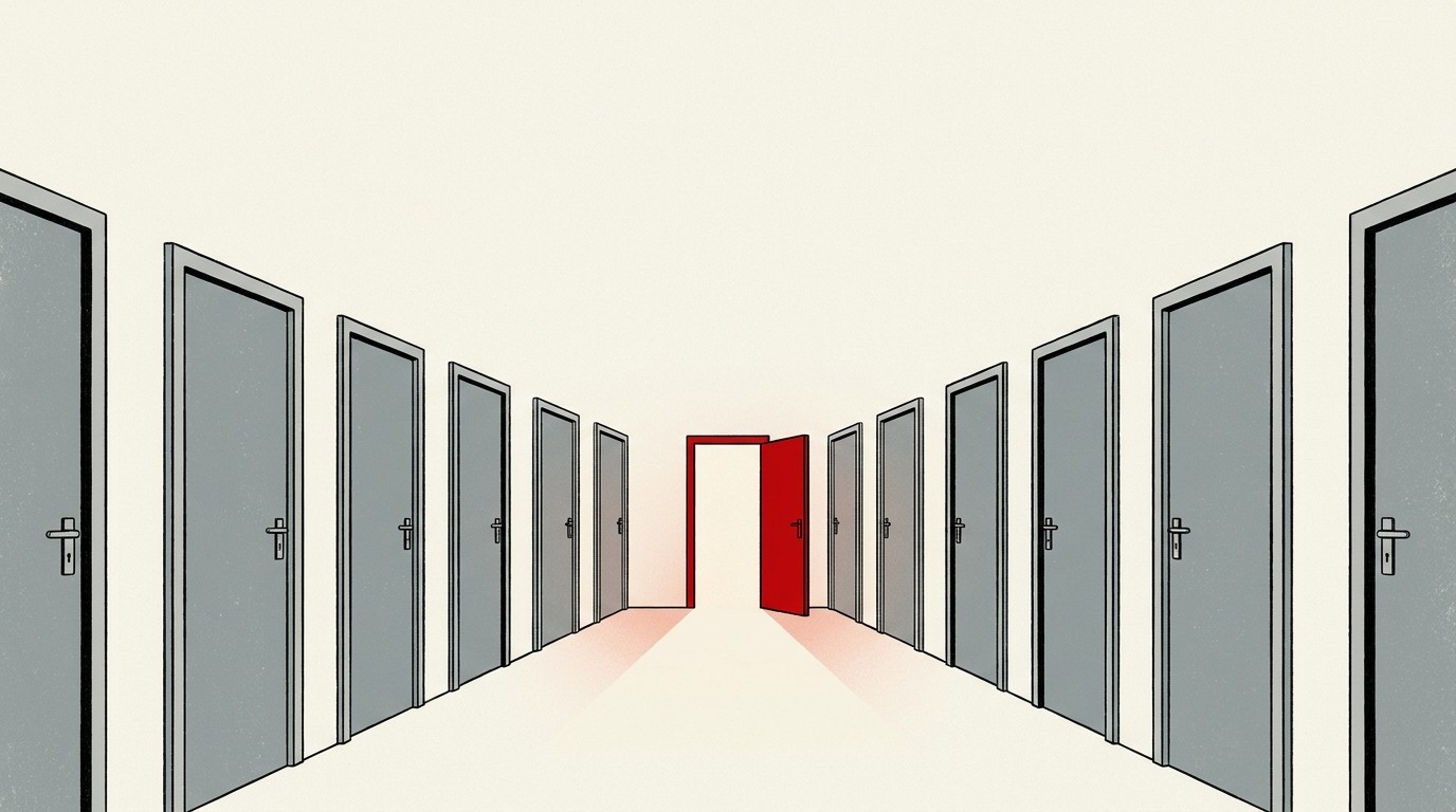 A narrow cream-colored corridor with one red door at the end, other doors sealed shut
