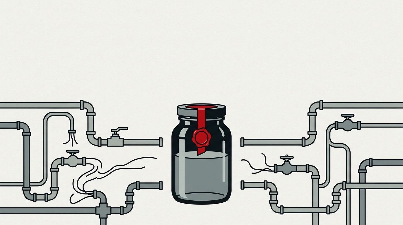 A single sealed glass jar sitting apart from a row of open jars, cream background, one red seal