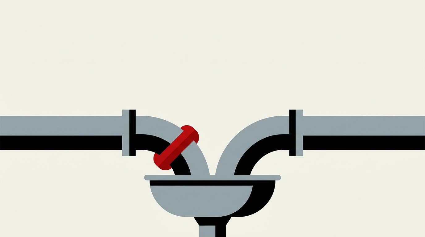 Two interlocking pipes, one cream and one red, feeding into a single dollar-shaped basin