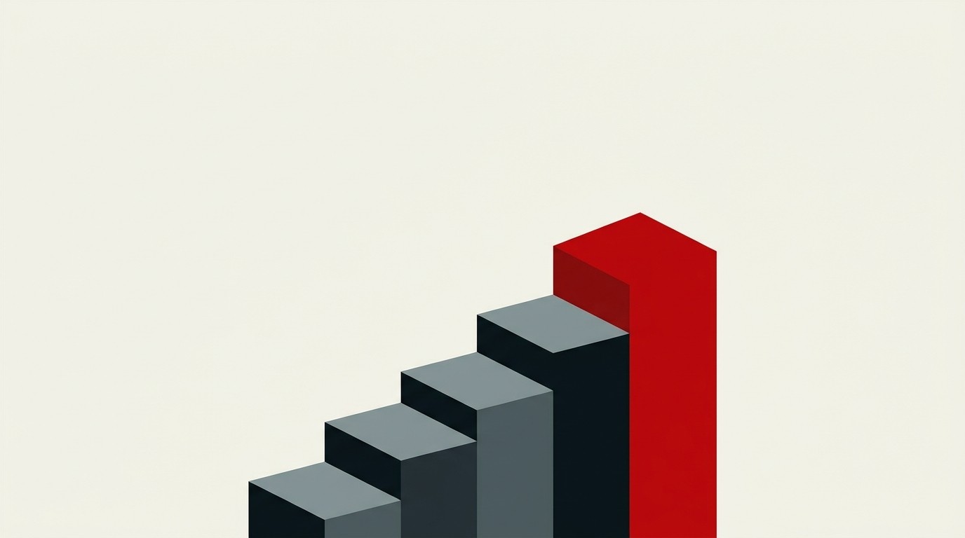 A staircase of five ascending blocks in cream tones, the tallest block marked with a single red line, set against empty space above