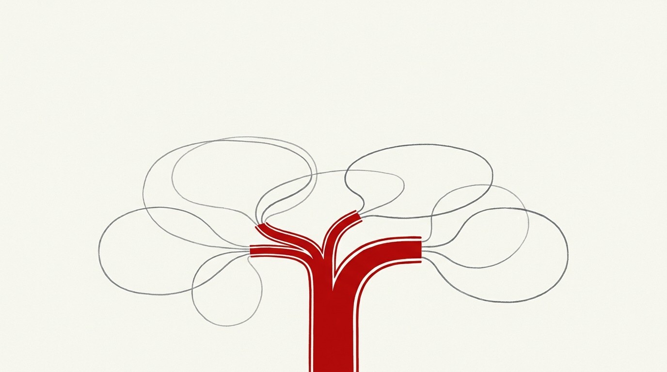 Abstract diagram of scattered separate channels converging into one narrow connecting pipe, cream background, single red accent line