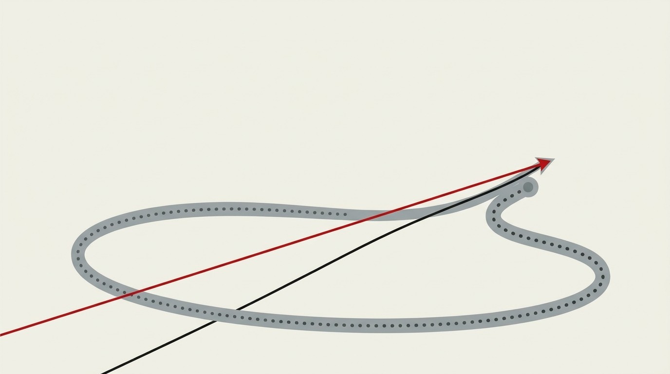 A thin red arrow crossing a wide cream gap in a single fast stroke, while a thick grey dotted line crawls below it toward the same point
