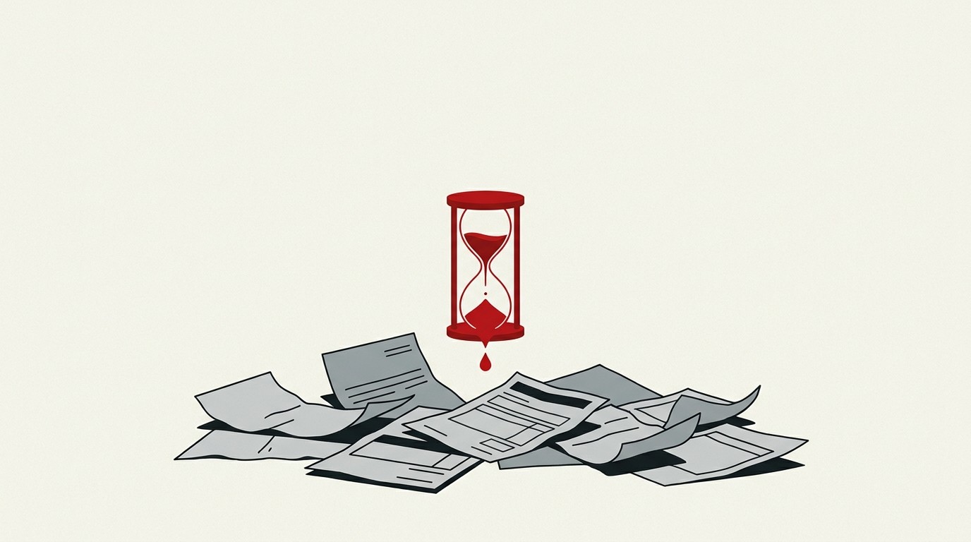 A single red hourglass with sand paused mid-fall, surrounded by ten pale unfinished paper forms scattered on cream ground