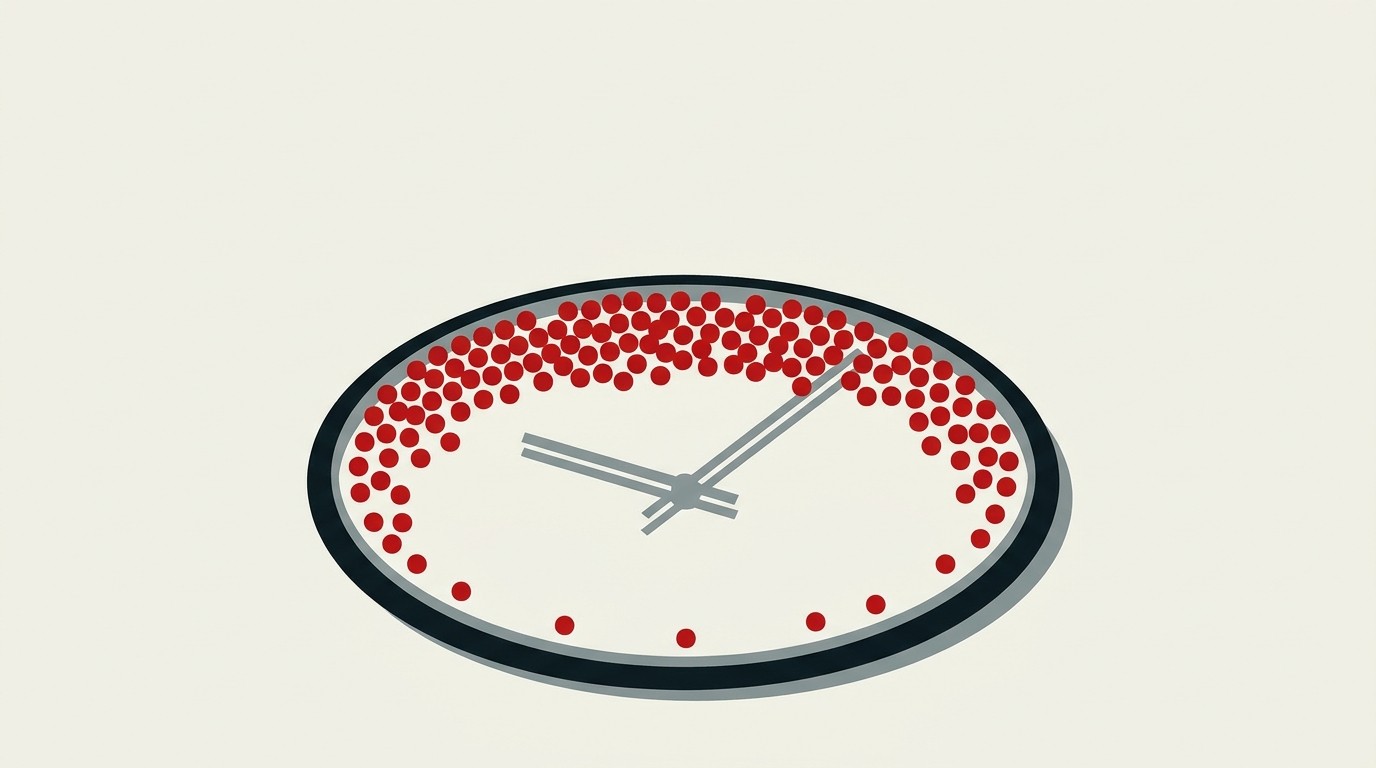 A clock face with no numbers, glowing red dots scattered around its rim instead of evenly spaced at each hour