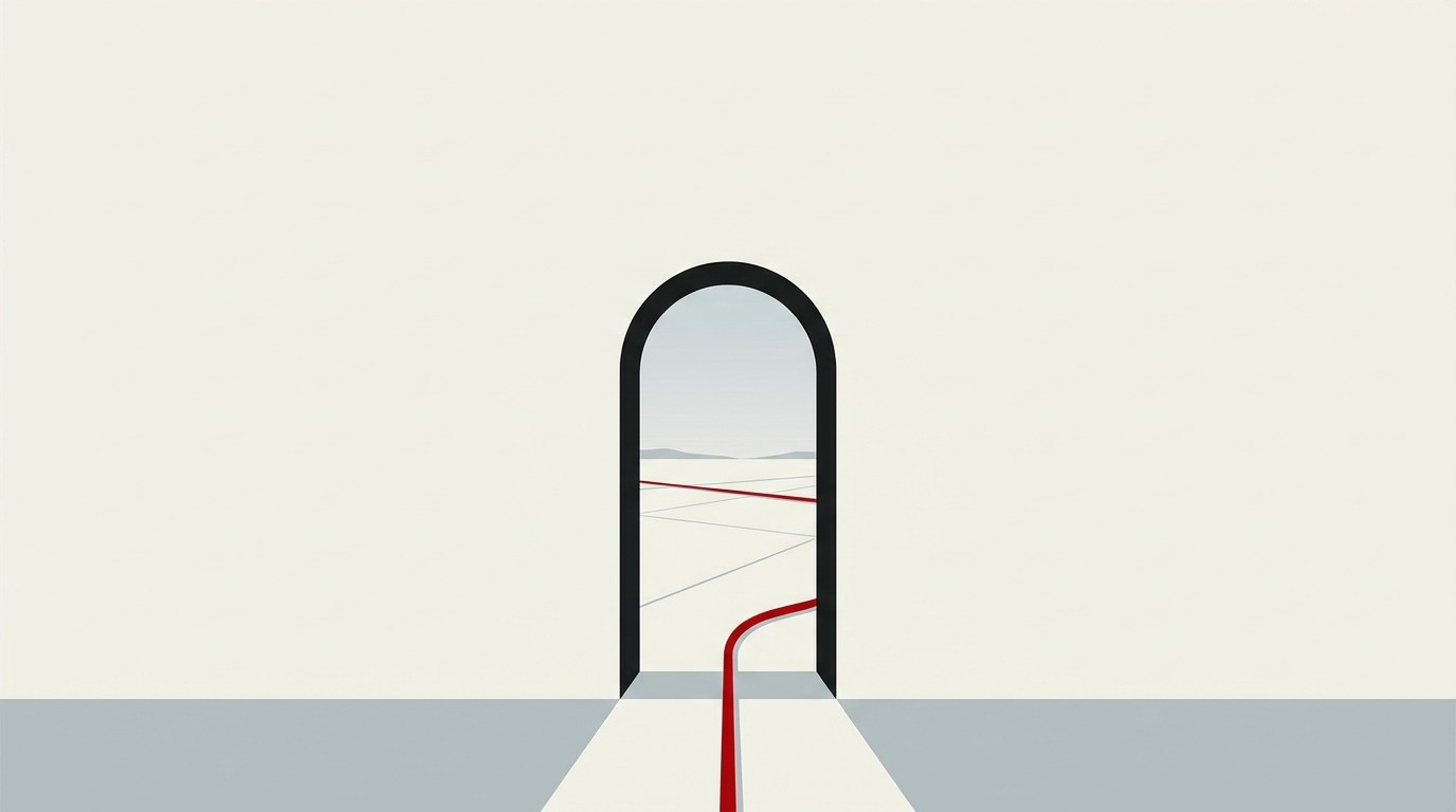 A single narrow doorway cut into a wide cream wall, with a small red pipe threading through it while a vast open plaza sits behind, unused.