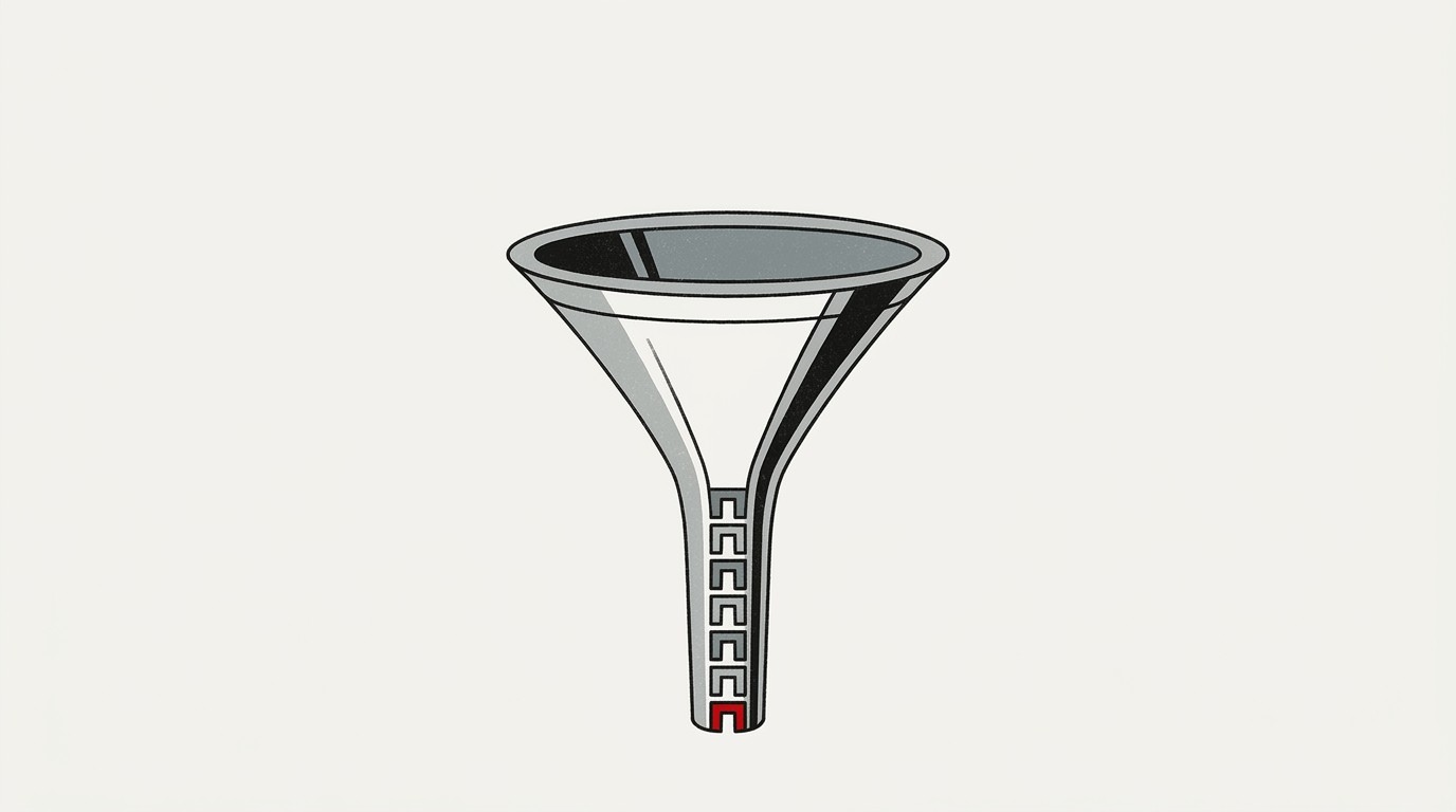 A single coin trying to pass through a narrow funnel with several small toll gates along the neck