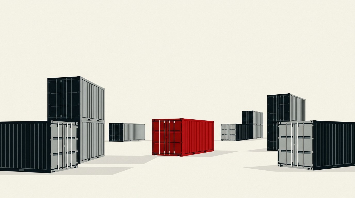 A cream field with scattered red shipping containers stuck at different heights, none connected by a bridge