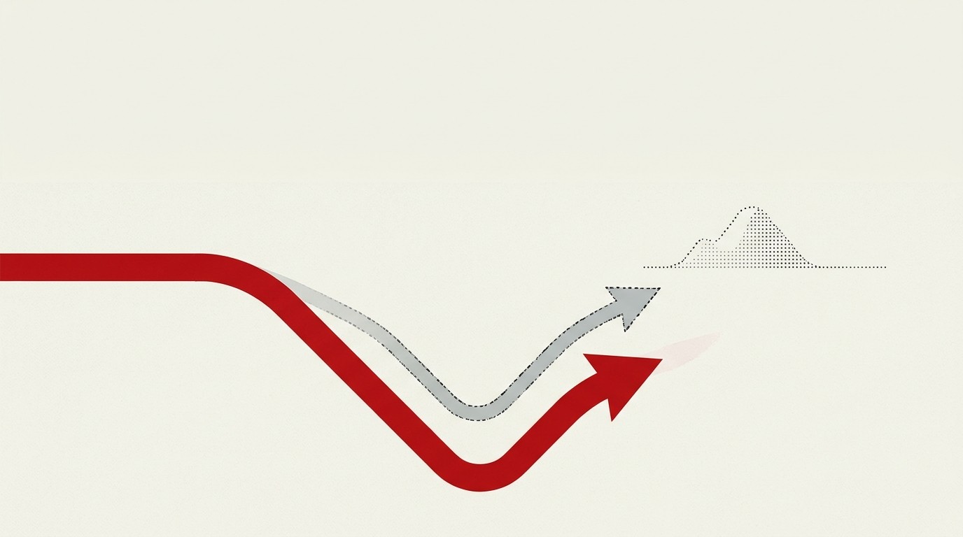 A single upward arrow bending back toward its own broken starting point on a cream background