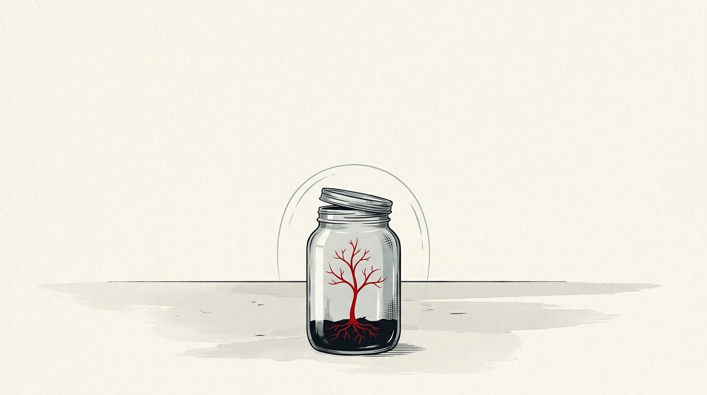 A cream field with a single red seedling growing inside an outlined glass jar, sunlight space above
