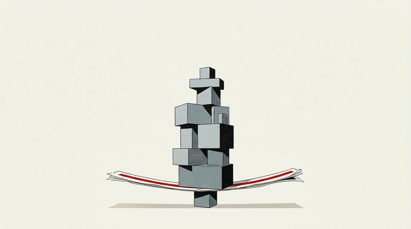 A tall stack of coins balanced not on its base but on a thin paper ribbon threading beneath it, cream background, single red thread