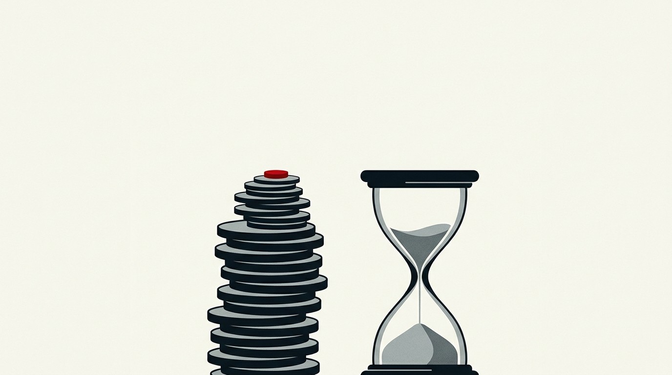 A tall stack of coin-like discs with only a single thin disc added on top, next to a much larger empty jar filling with sand