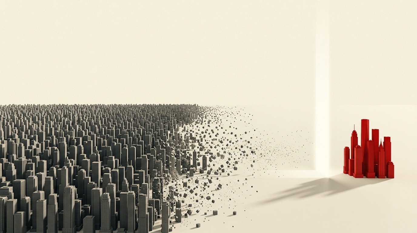 A dense grey skyline of thousands of towers dissolving into scattered blocks, with a small cluster of red skyscrapers left standing apart