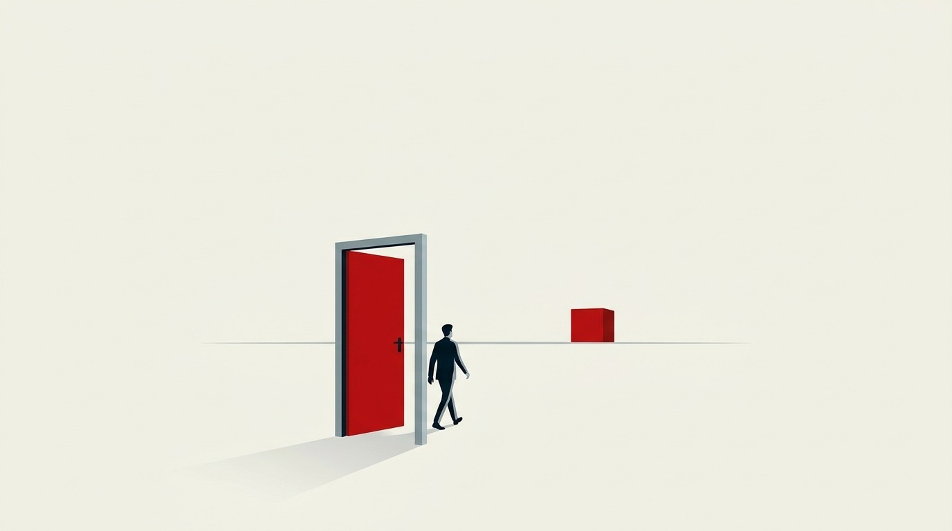 A single red cube sits isolated on a cream field, a narrow door swinging open beneath it, vast empty space above