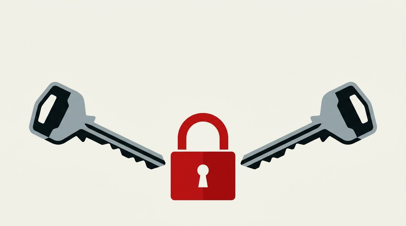 Two identical keys balanced on either side of a single lock, cream background, one red keyhole