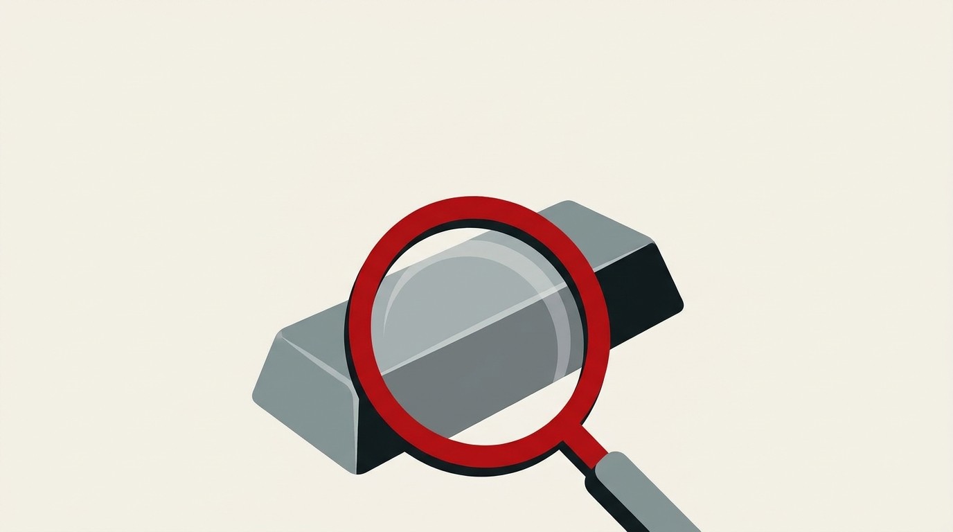 A single gold bar on a cream background, a red magnifying glass hovering above it