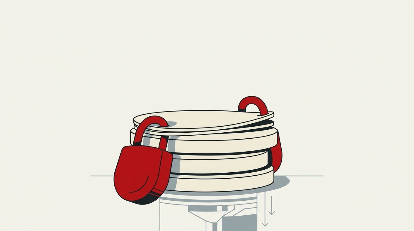 A single red padlock sitting on a stack of cream-colored coin-like discs, negative space above
