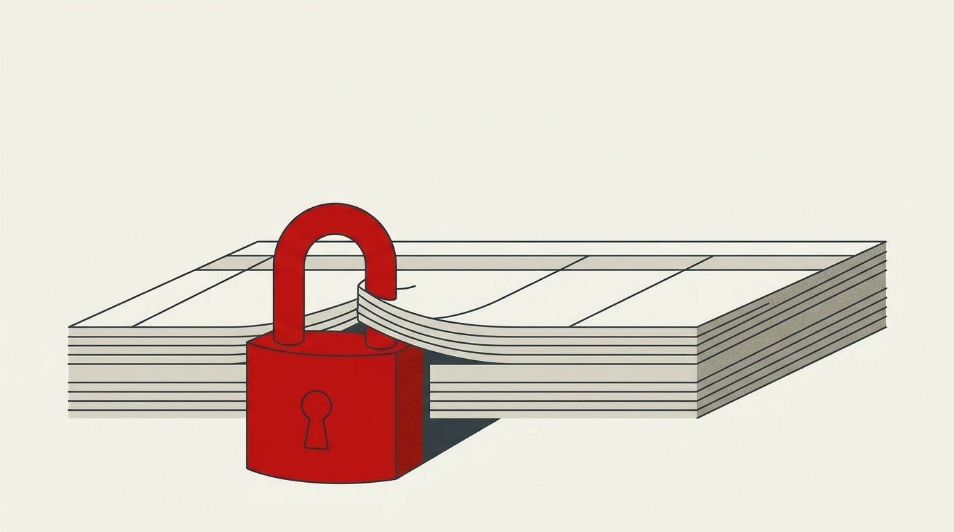 A single red padlock clamped over a stack of cream-colored ledger pages, no other marks visible