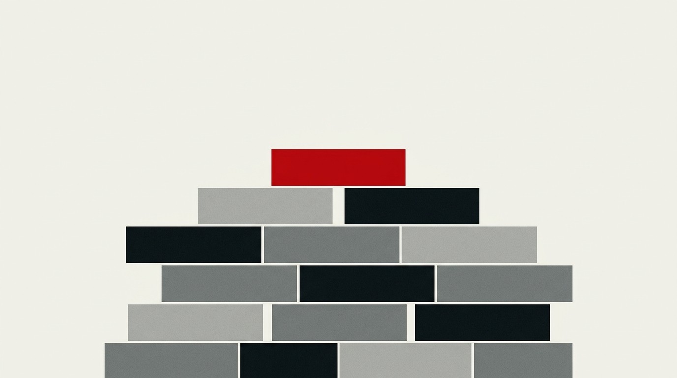 A single cream-colored ledger column stacking upward like a bond stack, one red bar highlighting the top block