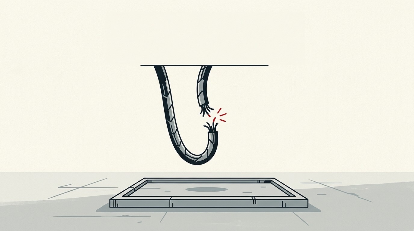 A single power line severed mid-air above a cracked concrete slab, cream background, one red spark at the break point