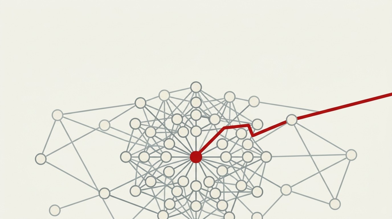 A single red coin-shaped node branching outward into a network of pale nodes on cream background, negative space above