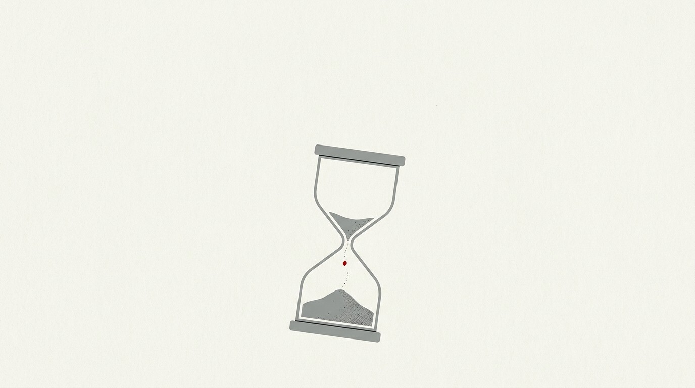 A single hourglass with sand running out, rendered in flat geometric shapes on a cream background, one red grain falling