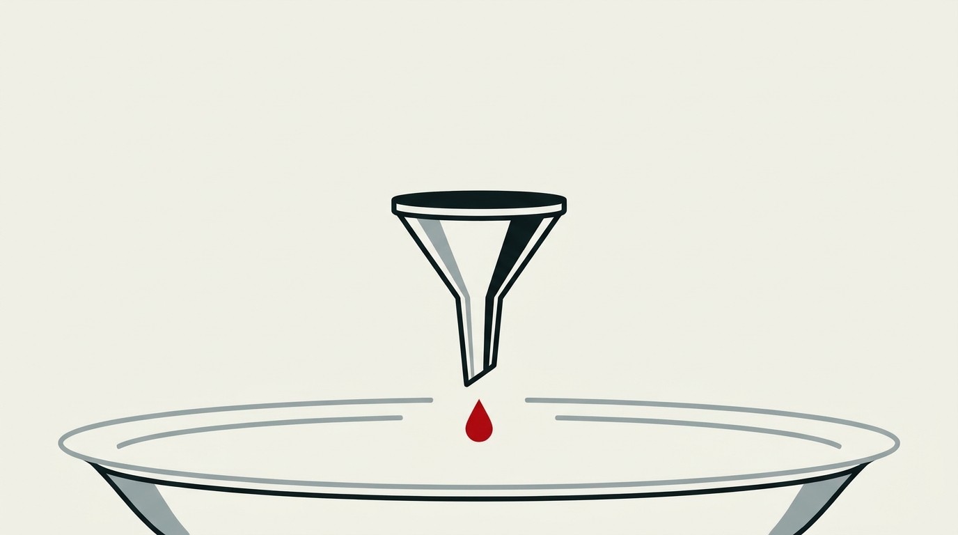 A small cream-colored funnel pouring into a large empty basin, one red drop mid-fall