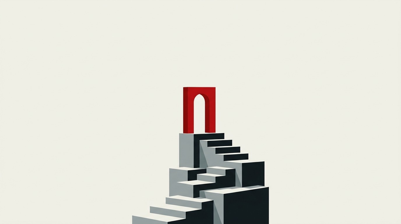 A single red temple-roof silhouette above a cream stack of ledger blocks