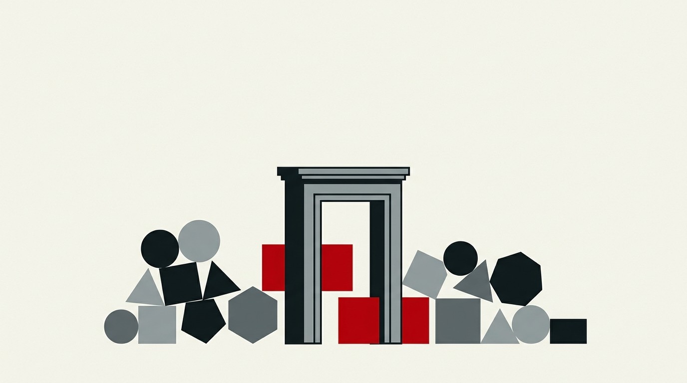 A narrow cream gate with two red geometric blocks passing through, other shapes blocked outside