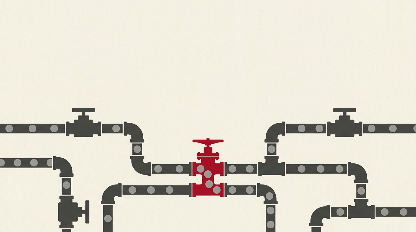 Venture coins flowing past a plain grey coin into a network of grey pipe joints and valves that route them onward, one red accent at the central junction