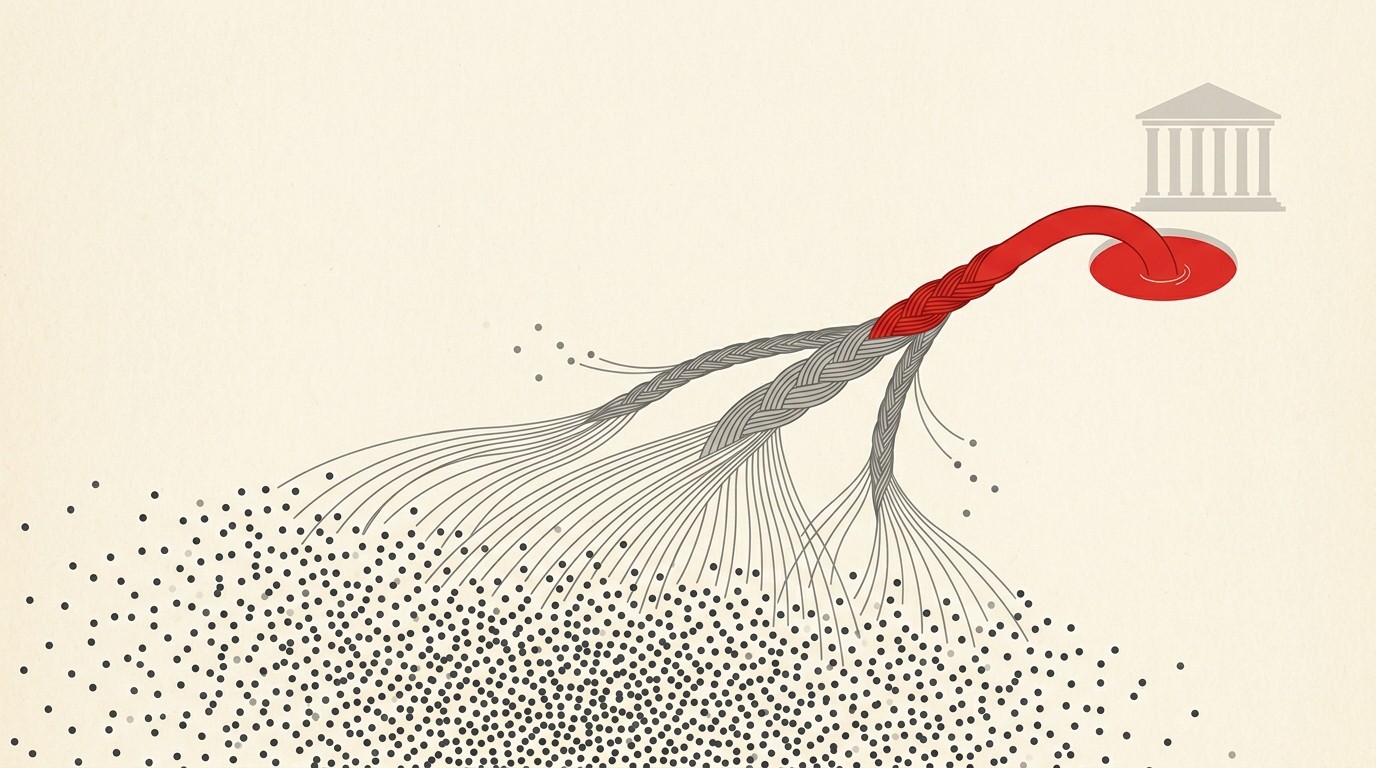 Thousands of scattered dark dots gather into grey braided threads that flow up into a red pool beside a classical government building, one strand among them turned red
