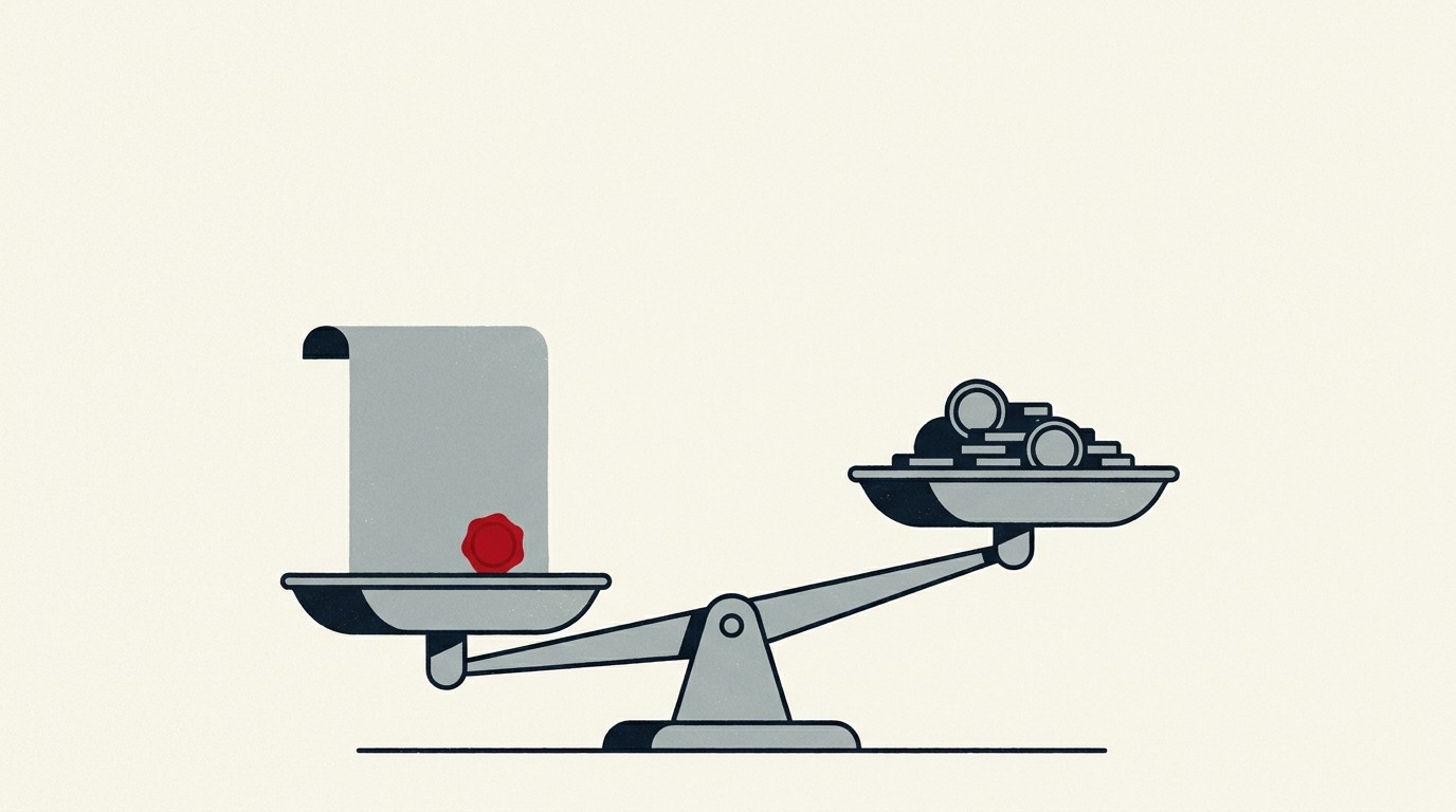 A stack of coins on one side of a balance scale outweighed by a single bond certificate on the other, cream background, one red accent